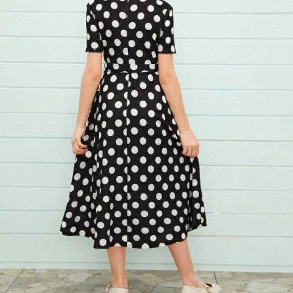 Girls Mock-Neck Self-Belted Polka Dot Dress Size:11/12 Color: Black and White - Picture 2 of 7